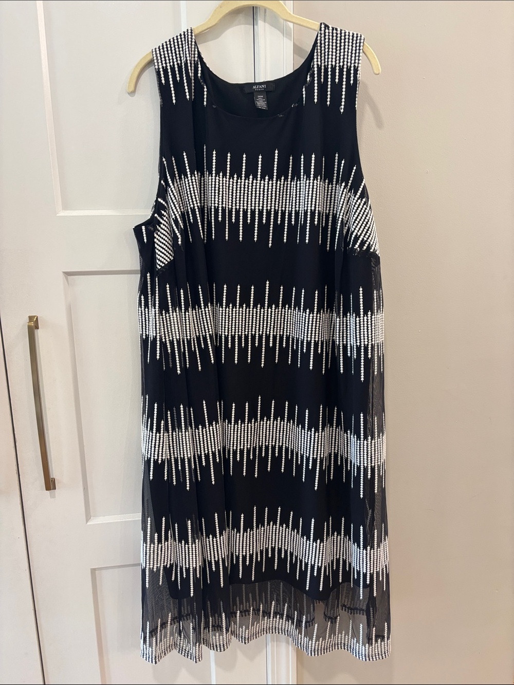 NWT Alfani Black Dress with White Embroidered Wave Stripes 24W